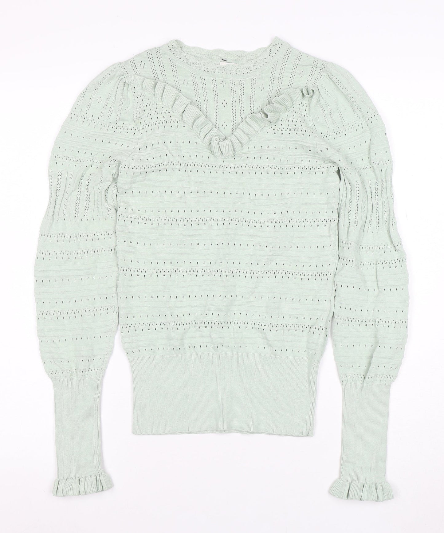 River Island Womens Green Ruffle Knit V-Neck Long Sleeve Blouse Size 10