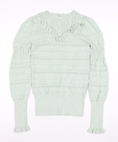 River Island Womens Green Ruffle Knit V-Neck Long Sleeve Blouse Size 10