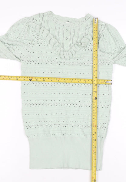 River Island Womens Green Ruffle Knit V-Neck Long Sleeve Blouse Size 10