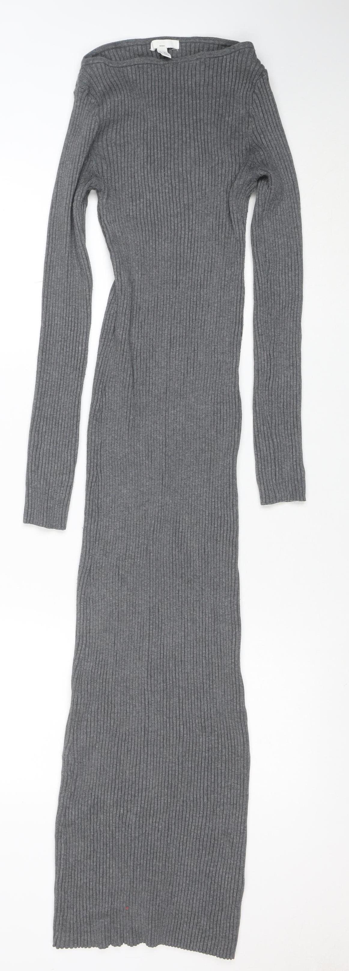 H&M Women Grey Long Sleeve Ribbed Knit Bodycon Midi Dress M