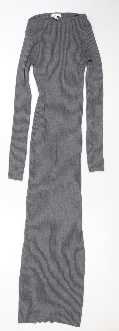 H&M Women Grey Long Sleeve Ribbed Knit Bodycon Midi Dress M