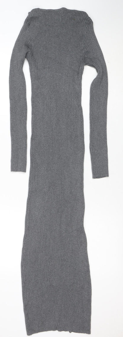 H&M Women Grey Long Sleeve Ribbed Knit Bodycon Midi Dress M