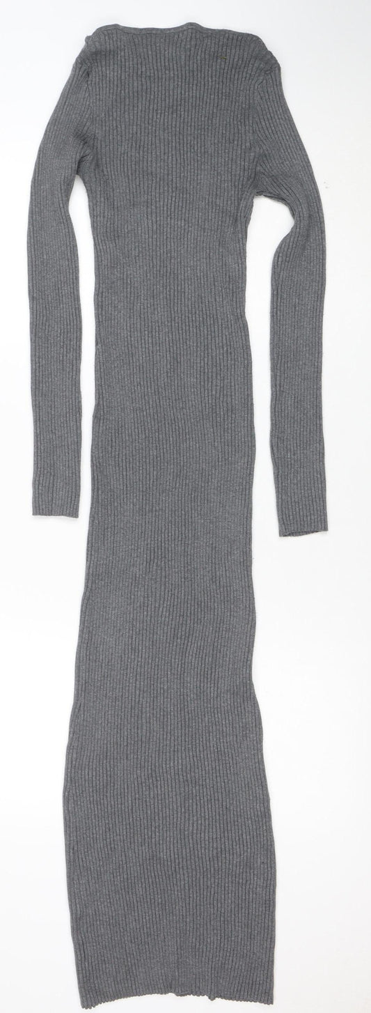H&M Women Grey Long Sleeve Ribbed Knit Bodycon Midi Dress M