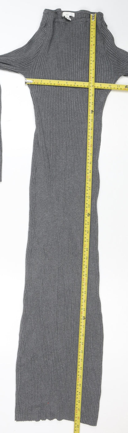H&M Women Grey Long Sleeve Ribbed Knit Bodycon Midi Dress M