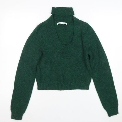 ZARA Women Green Knit Scoop Neck Pullover Jumper Size S