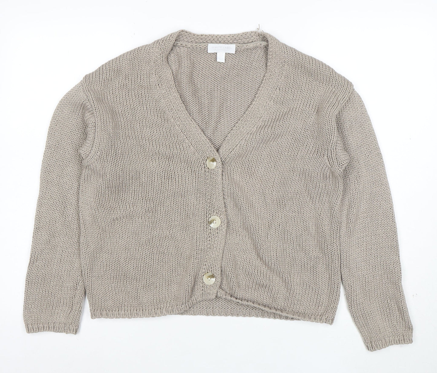 White Label Women Beige Cotton Knit V-Neck Cardigan Medium