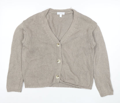 White Label Women Beige Cotton Knit V-Neck Cardigan Medium
