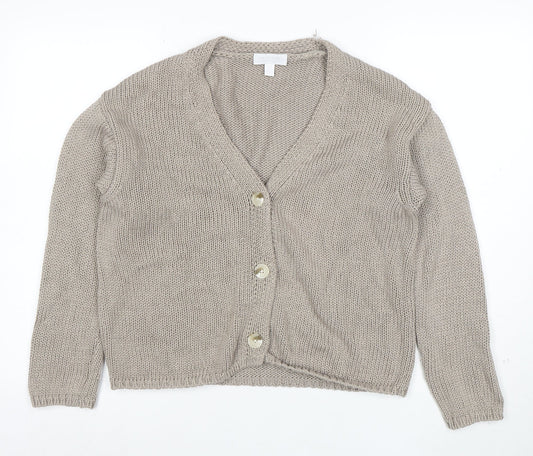 White Label Women Beige Cotton Knit V-Neck Cardigan Medium