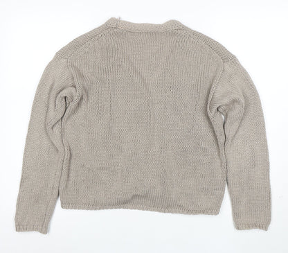 White Label Women Beige Cotton Knit V-Neck Cardigan Medium