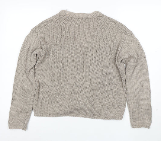 White Label Women Beige Cotton Knit V-Neck Cardigan Medium