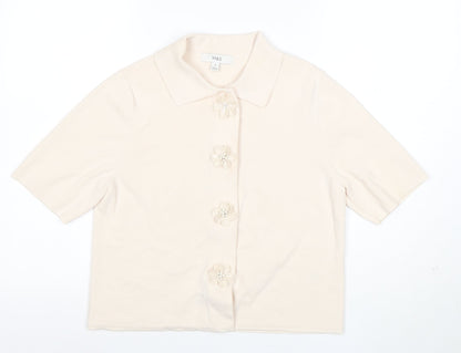 Marks and Spencer Women Beige Collared Knit Short Sleeve Cardigan M