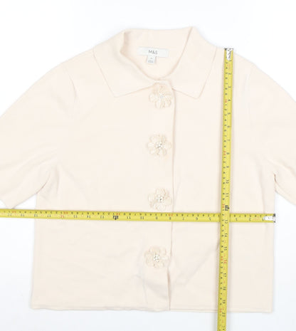 Marks and Spencer Women Beige Collared Knit Short Sleeve Cardigan M