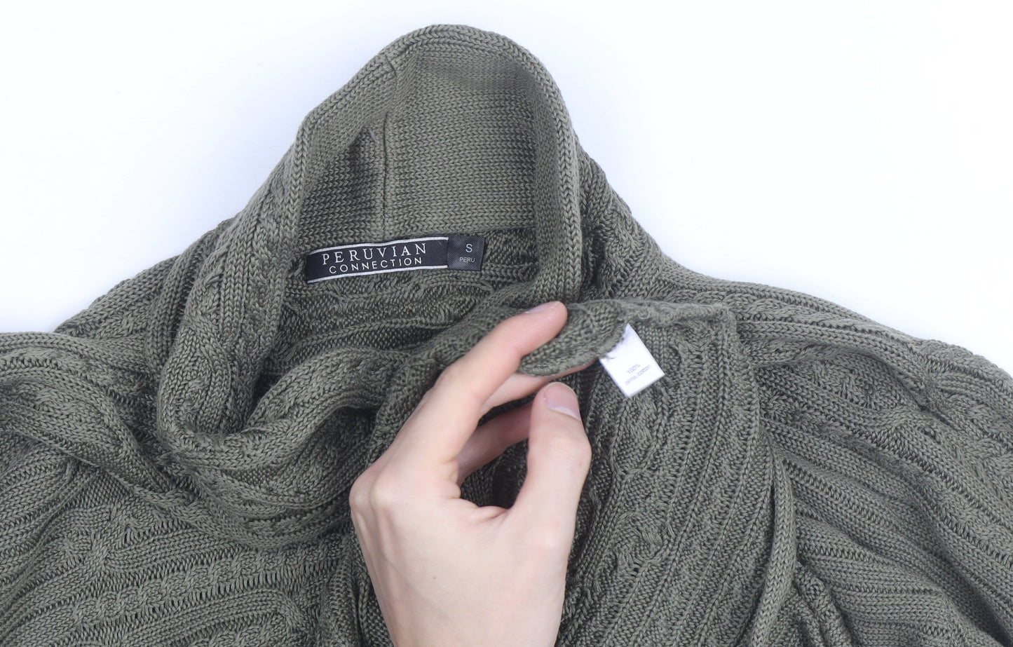 Peruvian Connection Women's Green Roll Neck Cable-Knit Cotton Jumper Size S