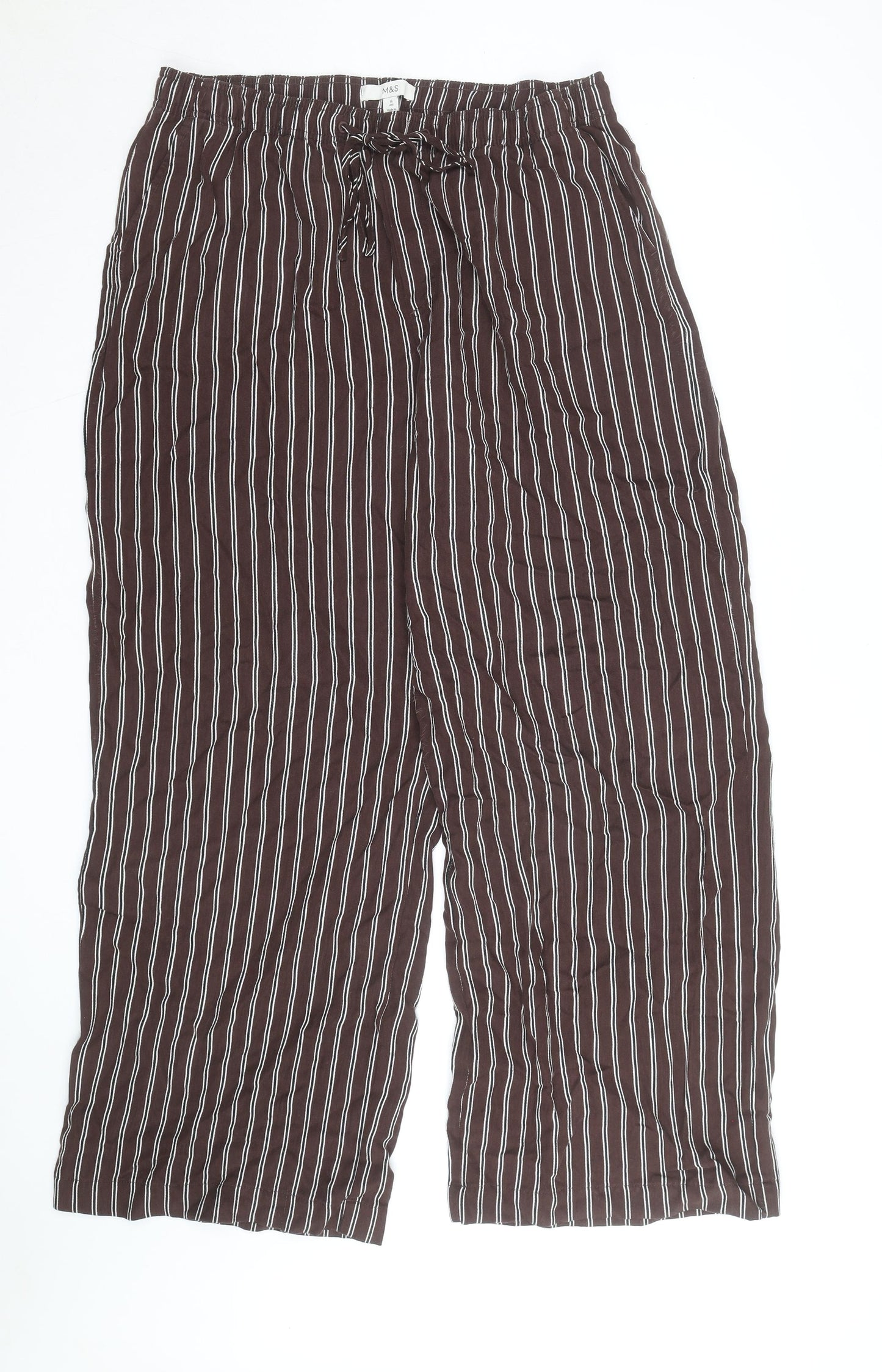 Marks and Spencer Women Brown Striped Viscose Wide-Leg Trousers Size 16