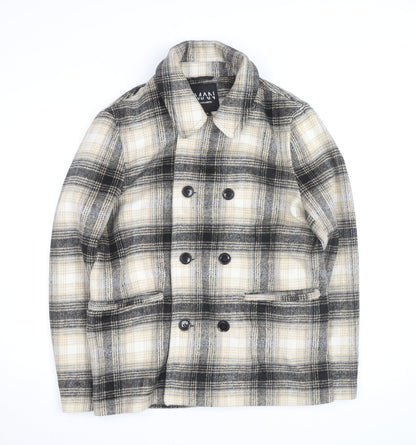 boohooMAN Men’s Beige Check Pea Coat Size S Classic Wool Look