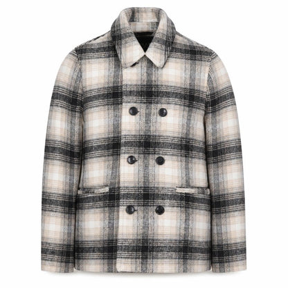 boohooMAN Men’s Beige Check Pea Coat Size S Classic Wool Look