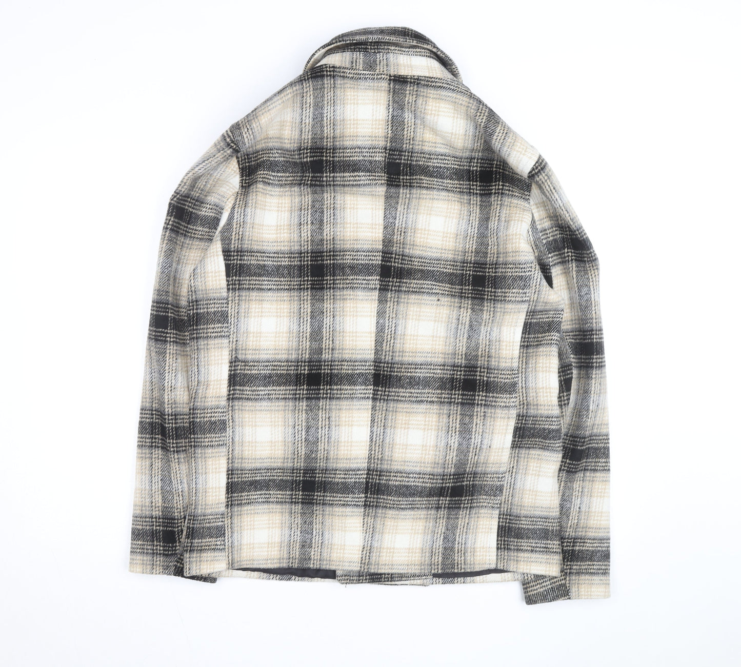 boohooMAN Men’s Beige Check Pea Coat Size S Classic Wool Look