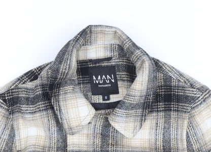 boohooMAN Men’s Beige Check Pea Coat Size S Classic Wool Look