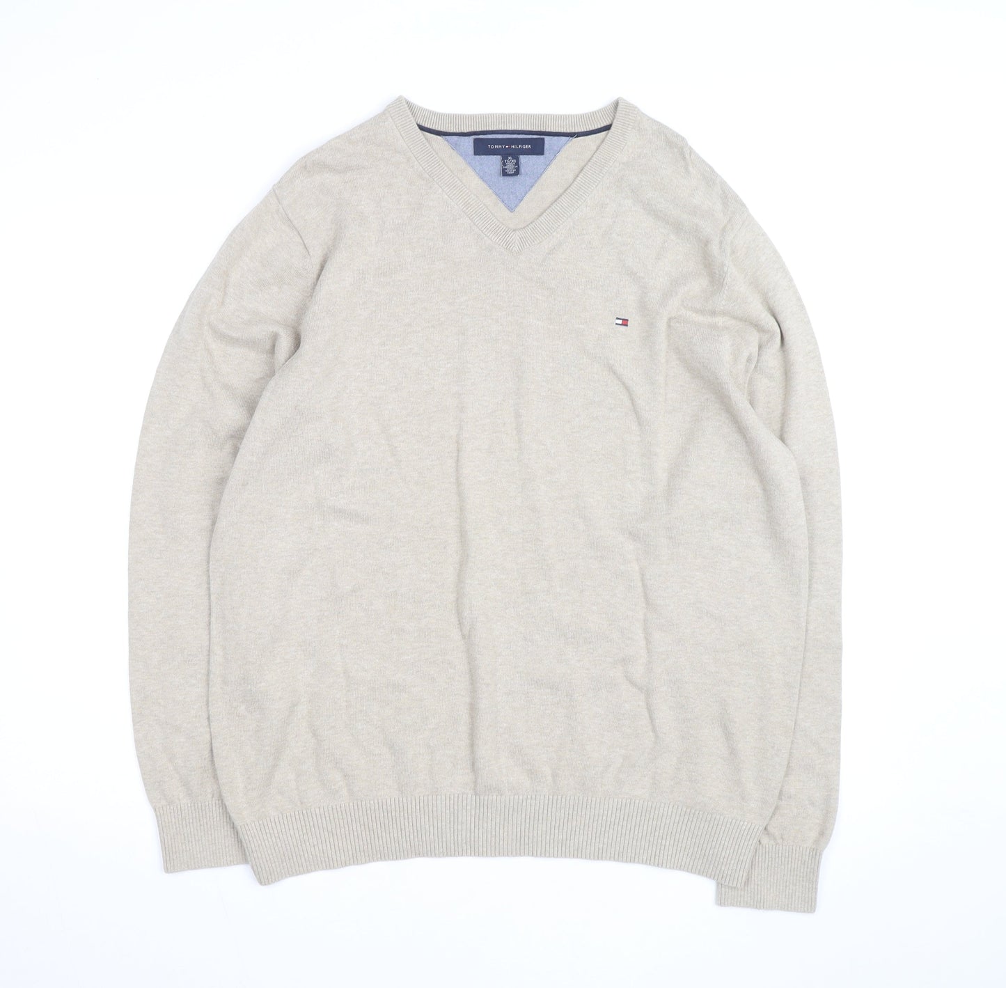Tommy Hilfiger Men Beige XL V-Neck Cotton Silk Cashmere Jumper