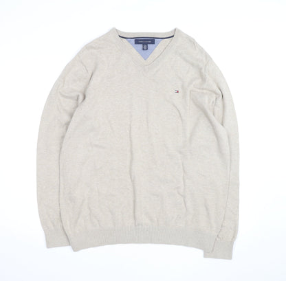 Tommy Hilfiger Men Beige XL V-Neck Cotton Silk Cashmere Jumper
