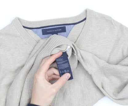 Tommy Hilfiger Men Beige XL V-Neck Cotton Silk Cashmere Jumper