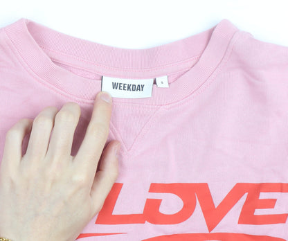 Weekday Women Pink Cotton Pullover Sweatshirt S HD Love Graphic