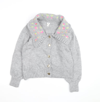 River Island Women Grey Floral Embroidered Chunky Knit Cardigan Size 8
