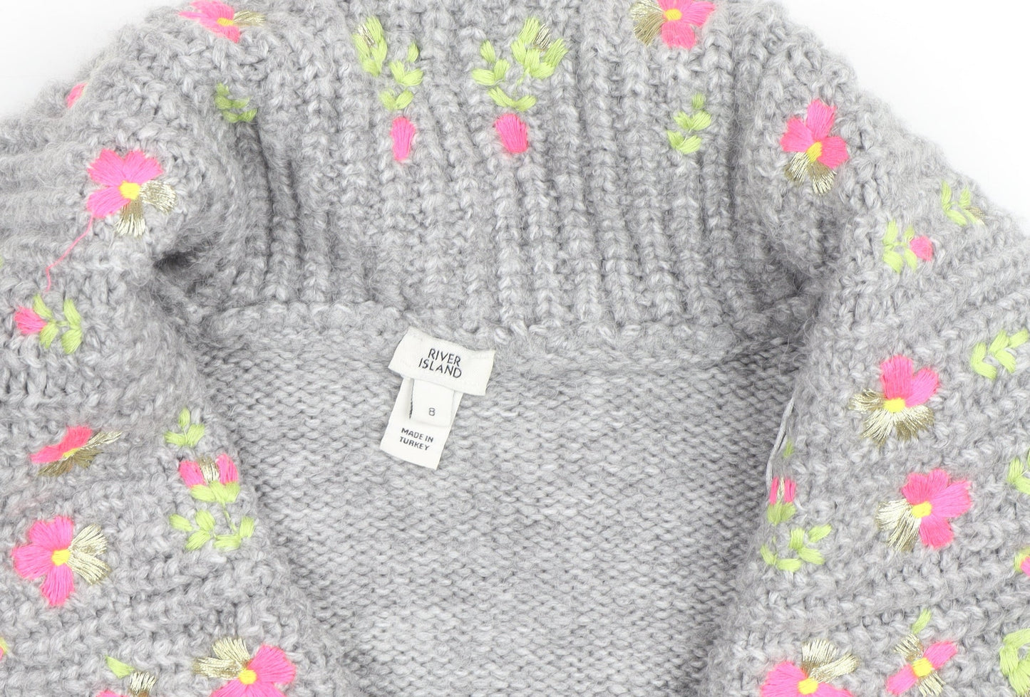 River Island Women Grey Floral Embroidered Chunky Knit Cardigan Size 8