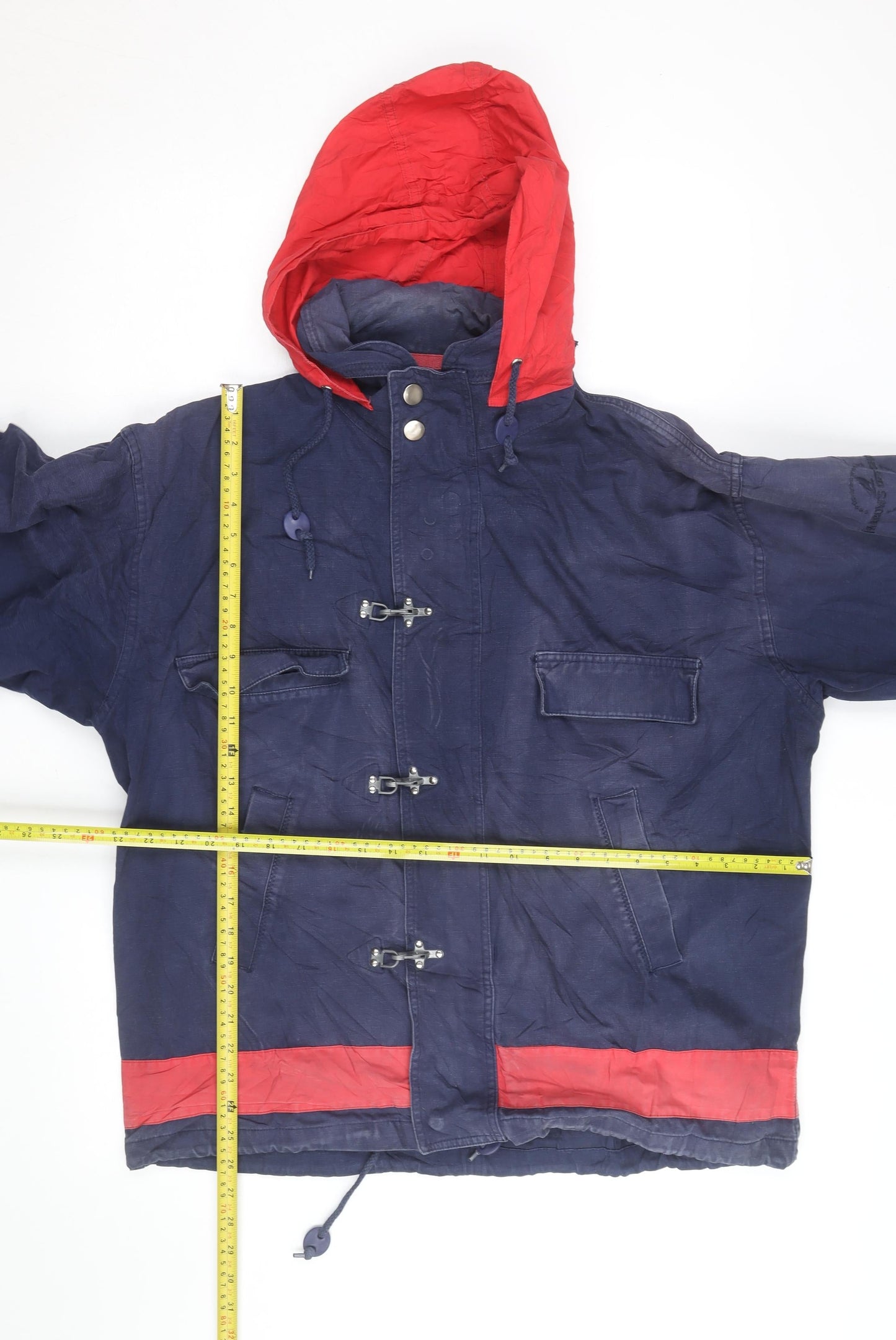 John D Farrow’s Men’s Blue Red Hooded Parka Jacket Medium Cotton Casual
