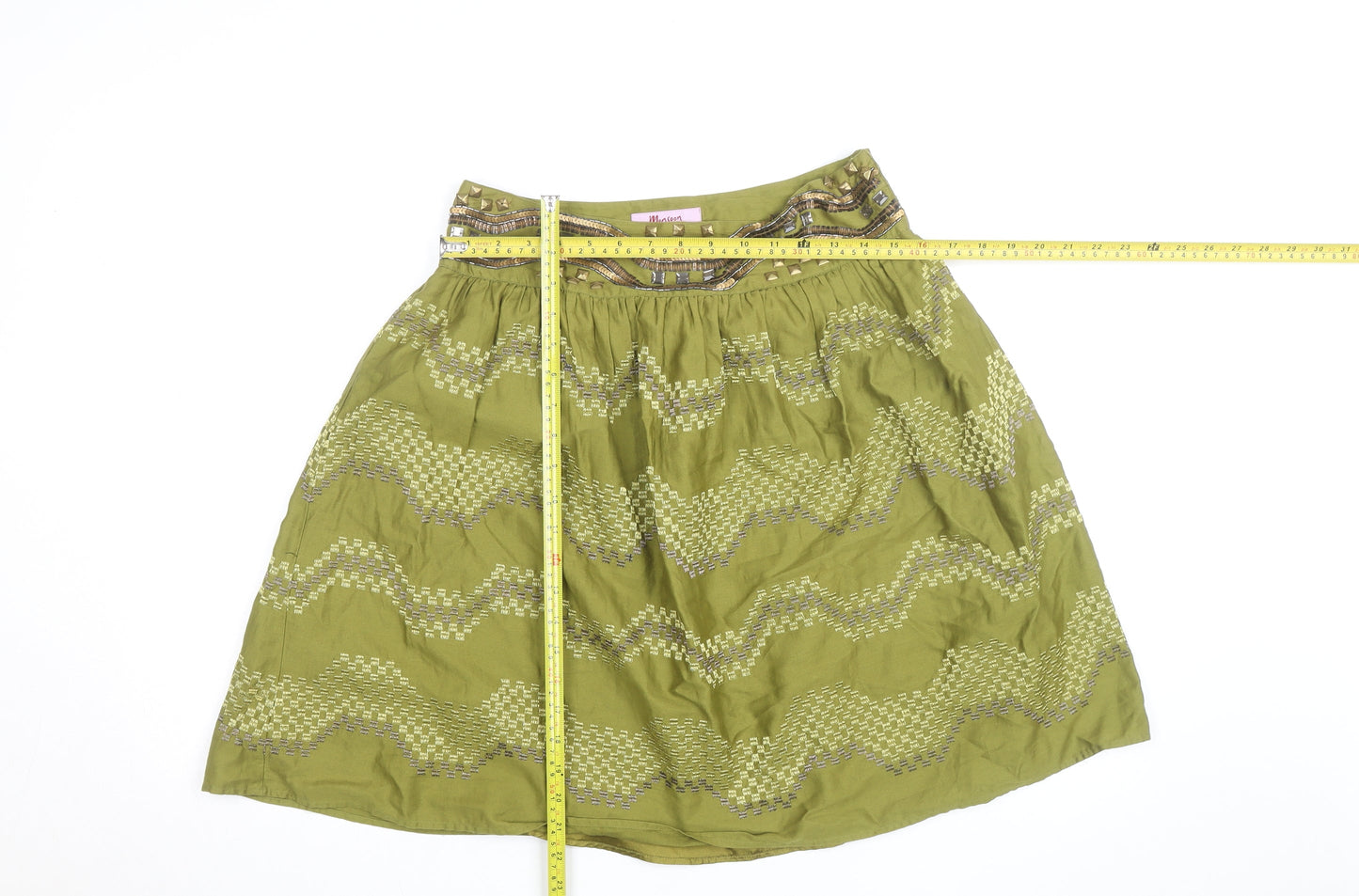Monsoon Petite Green Beaded A-Line Cotton Skirt Size 10