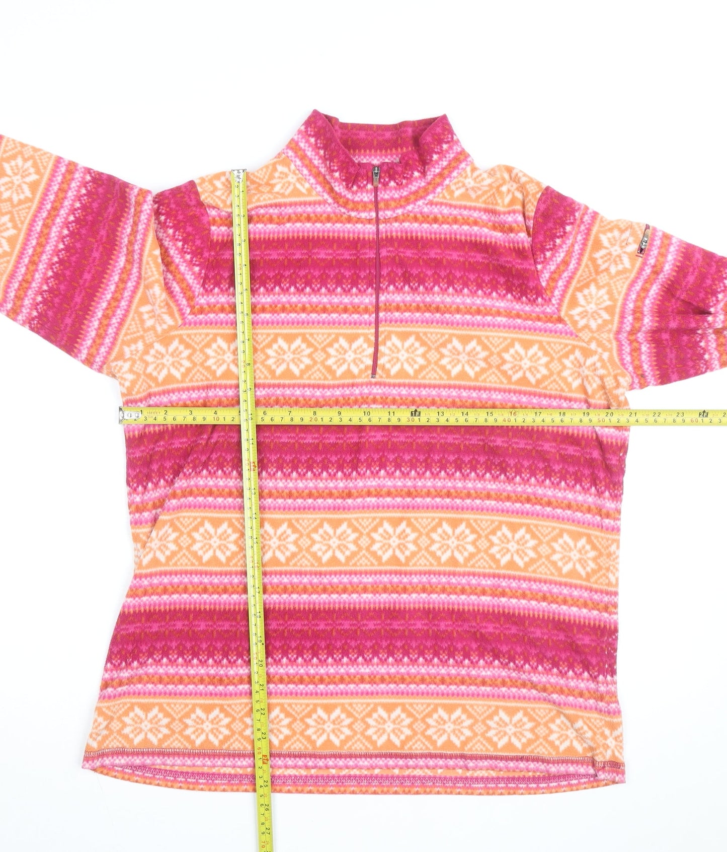 L.L. Bean Women's Pink Orange Fair Isle Fleece Pullover L 1/4 Zip