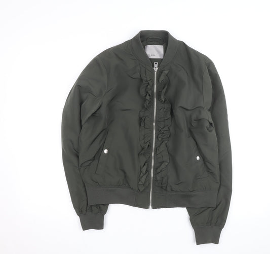 Additional front view of Vero Moda unisex green bomber jacket lined ruffle zip, size L