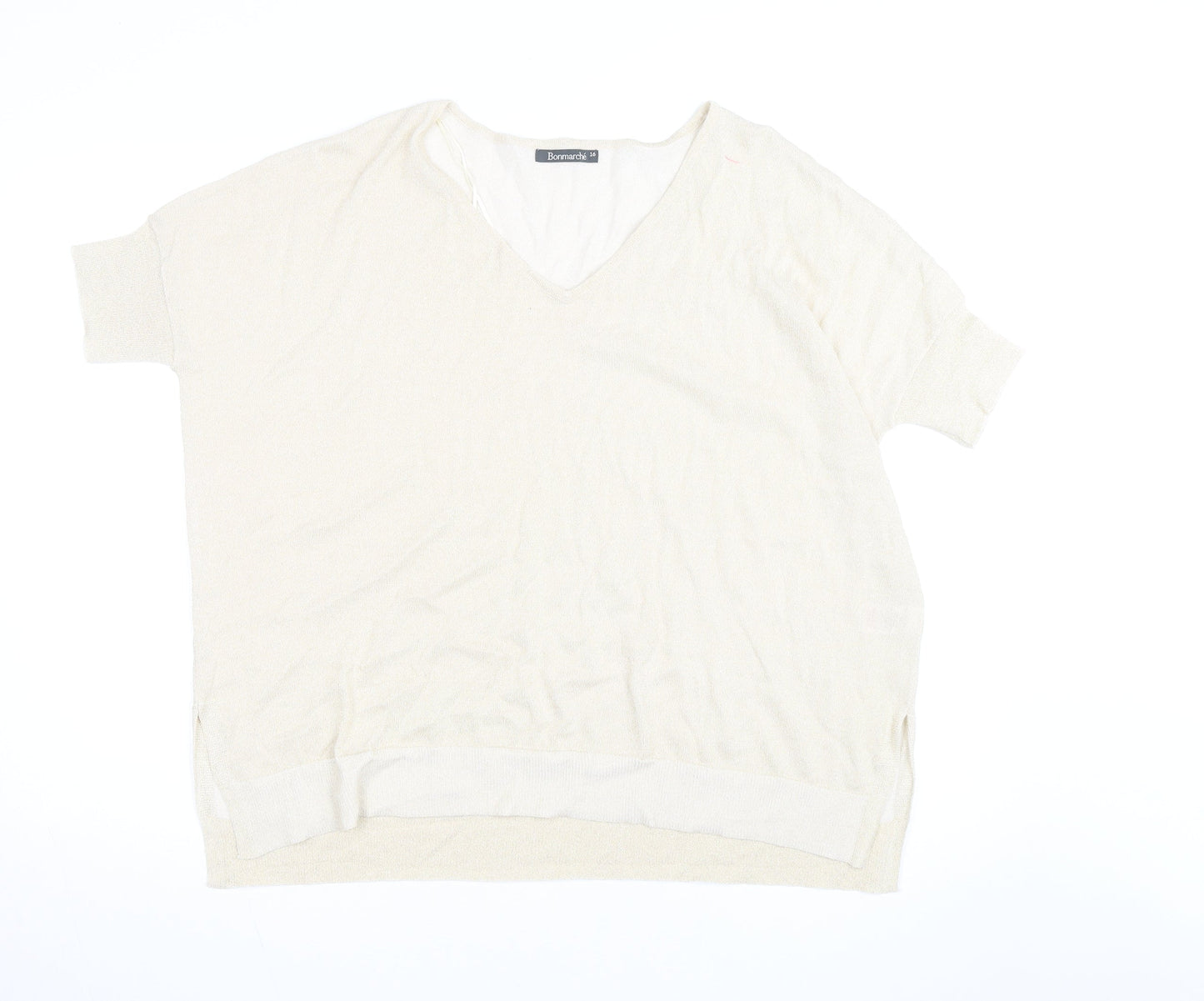 Bonmarché Women’s Beige V-Neck Short Sleeve Lightweight Knit Jumper Size 16