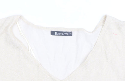 Bonmarché Women’s Beige V-Neck Short Sleeve Lightweight Knit Jumper Size 16