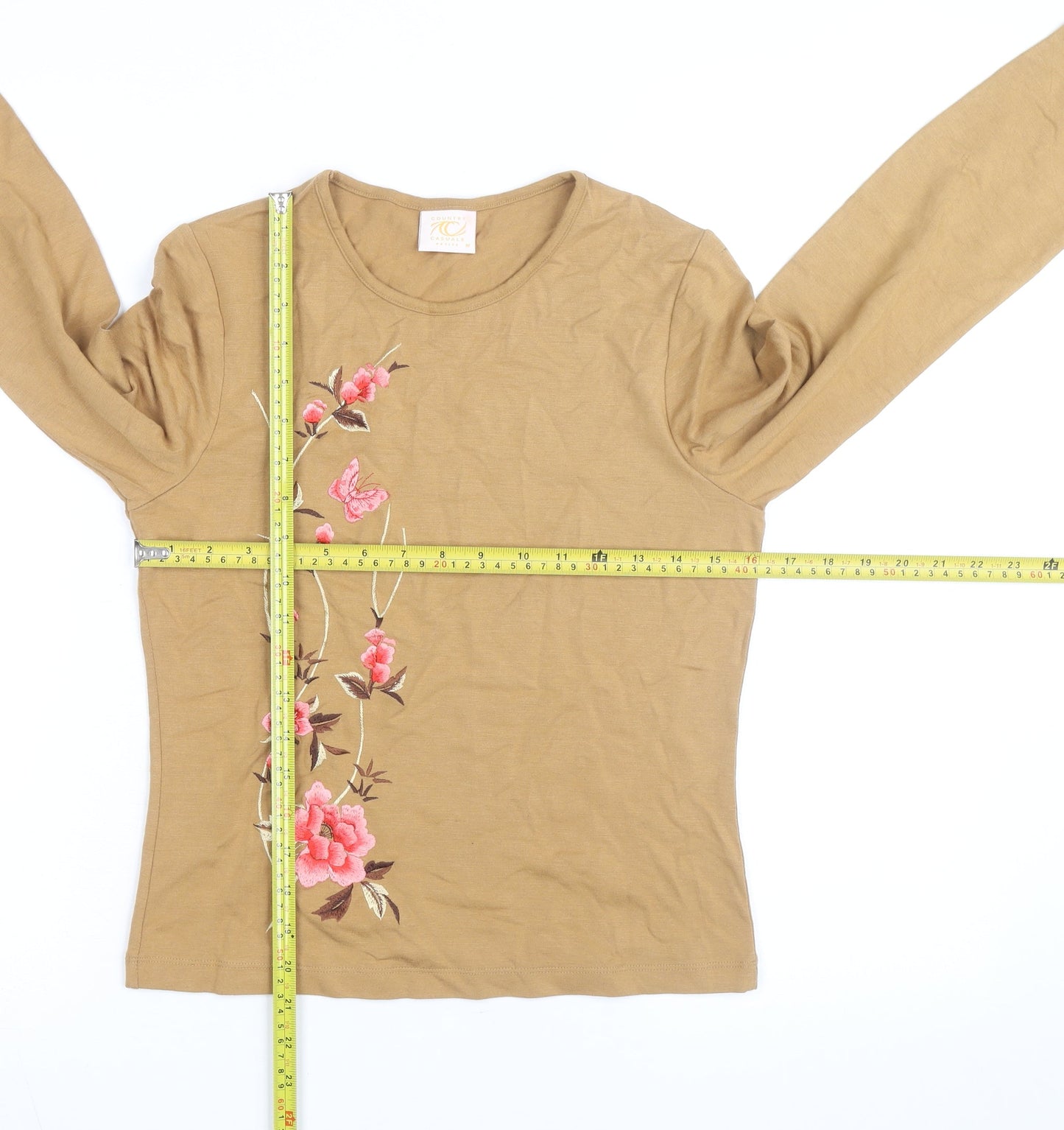 Country Casuals Women Brown Floral Embroidered Long Sleeve T-Shirt Petite M