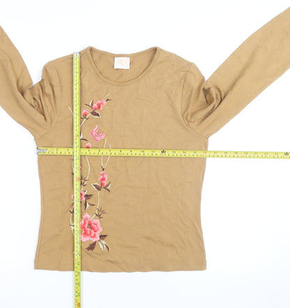 Country Casuals Women Brown Floral Embroidered Long Sleeve T-Shirt Petite M