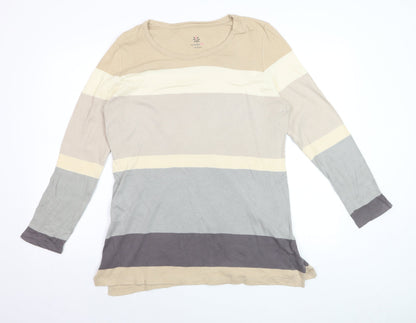 Isaac Mizrahi Live Women Beige Striped Cotton Long Sleeve T-Shirt L