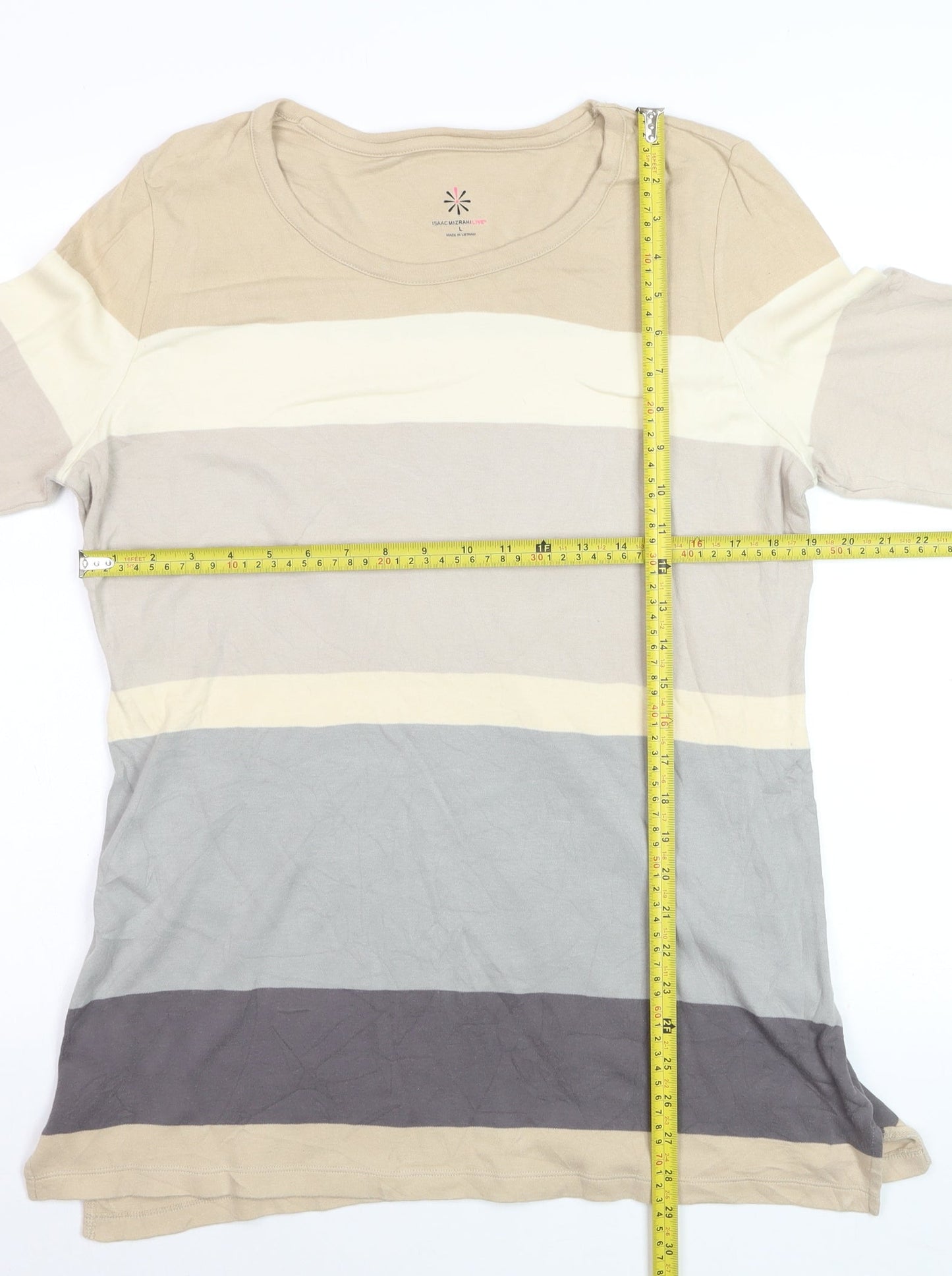 Isaac Mizrahi Live Women Beige Striped Cotton Long Sleeve T-Shirt L