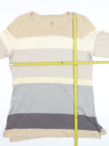 Isaac Mizrahi Live Women Beige Striped Cotton Long Sleeve T-Shirt L