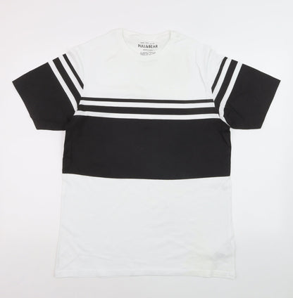 Pull&Bear Men's Black White Striped T-Shirt XS Cotton Crew Neck