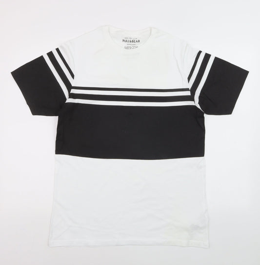 Pull&Bear Men's Black White Striped T-Shirt XS Cotton Crew Neck