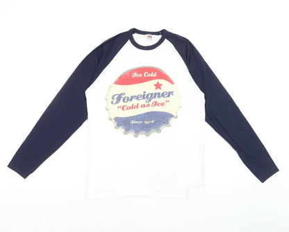 Fruit of the Loom Men's White Navy Music Graphic Long Sleeve Top M