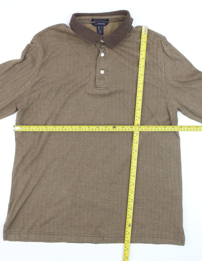 Lands' End Men's Brown Long Sleeve Herringbone Cotton Polo Shirt M