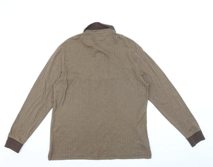 Lands' End Men's Brown Long Sleeve Herringbone Cotton Polo Shirt M