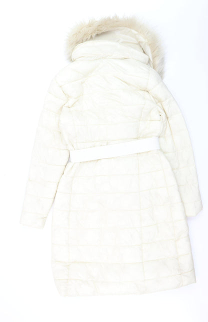 Roman Women Ivory Long Puffer Coat Size 10 Belted Faux Fur Trim Winter
