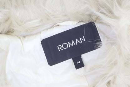 Roman Women Ivory Long Puffer Coat Size 10 Belted Faux Fur Trim Winter