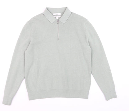 Marks and Spencer Men's Green Collared 1/2 Zip Cotton Blend Jumper M