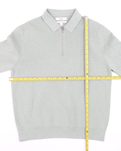 Marks and Spencer Men's Green Collared 1/2 Zip Cotton Blend Jumper M