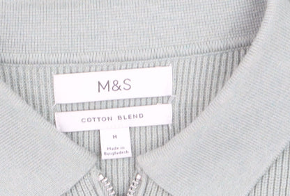 Marks and Spencer Men's Green Collared 1/2 Zip Cotton Blend Jumper M