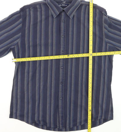 Ben Sherman Men's Blue Striped Long Sleeve Cotton Dress Shirt Size L